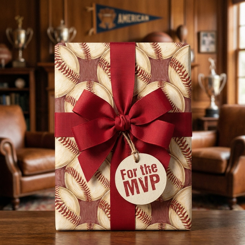 Vintage baseball wrapping paper with a red bow and MVP tag, sports gift wrap by Wrapped Studios.
