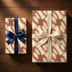 Vintage baseball wrapping paper by Wrapped Studios on gifts with navy and cream satin bows.