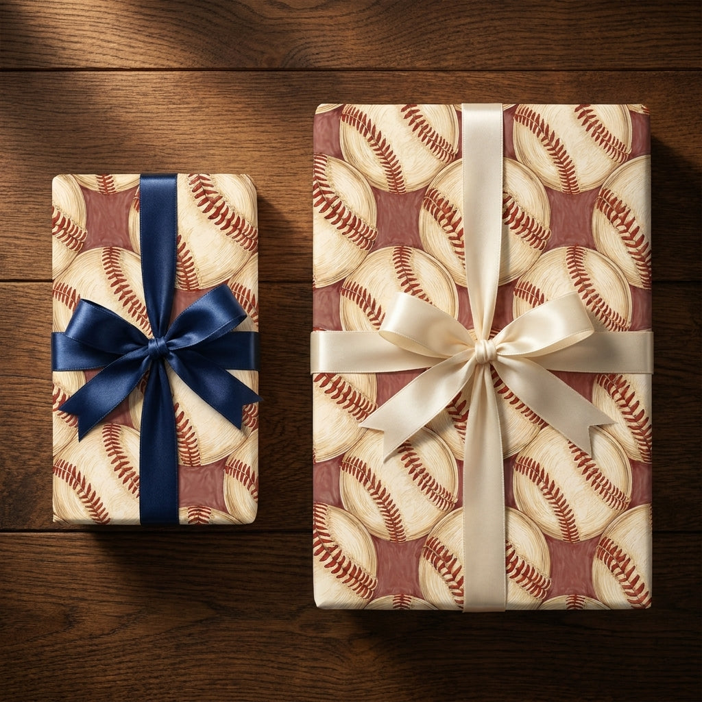 Vintage baseball wrapping paper by Wrapped Studios on gifts with navy and cream satin bows.