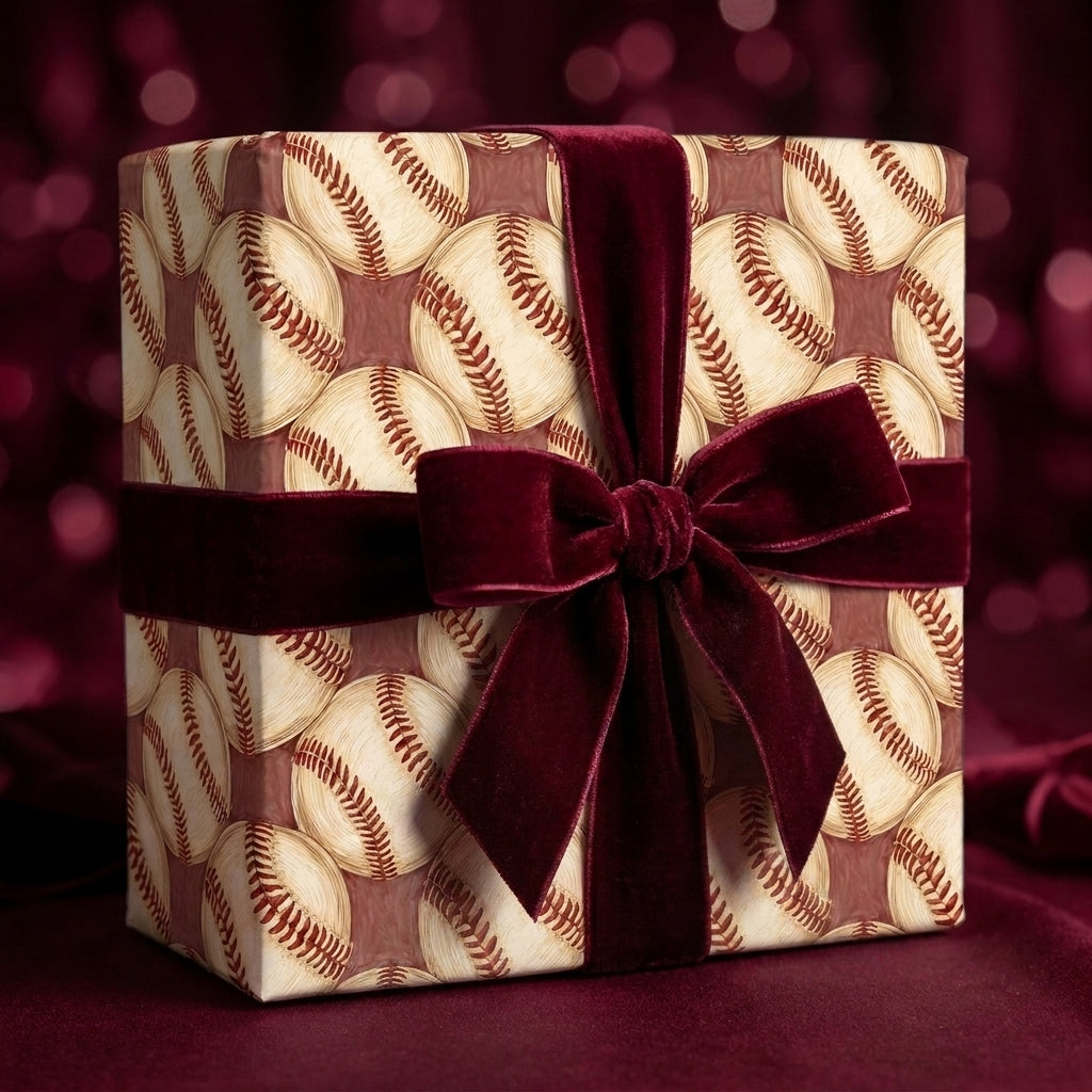 Baseball wrapping paper with a luxury burgundy velvet bow on a gift box by Wrapped Studios.