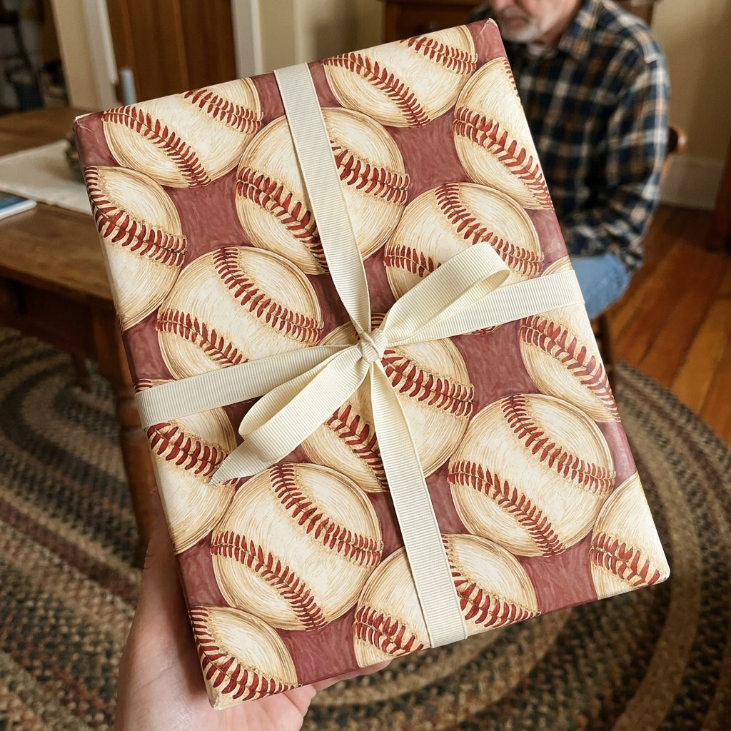 Vintage baseball wrapping paper with cream ribbon bow, sports gift wrap by Wrapped Studios.