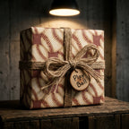 Vintage baseball wrapping paper with a rustic twine bow and wooden 'Play Ball' tag, by Wrapped Studios.