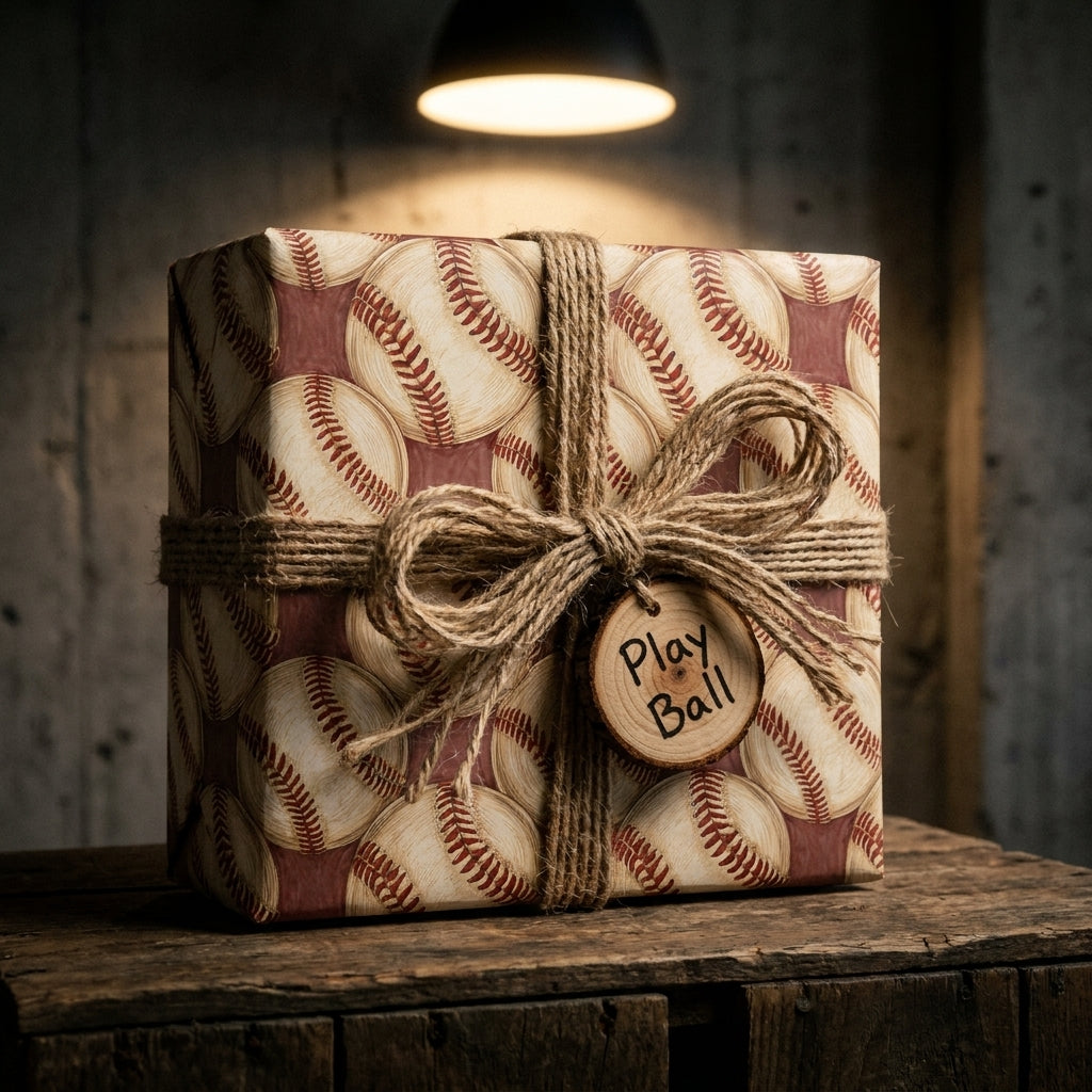 Vintage baseball wrapping paper with a rustic twine bow and wooden 'Play Ball' tag, by Wrapped Studios.