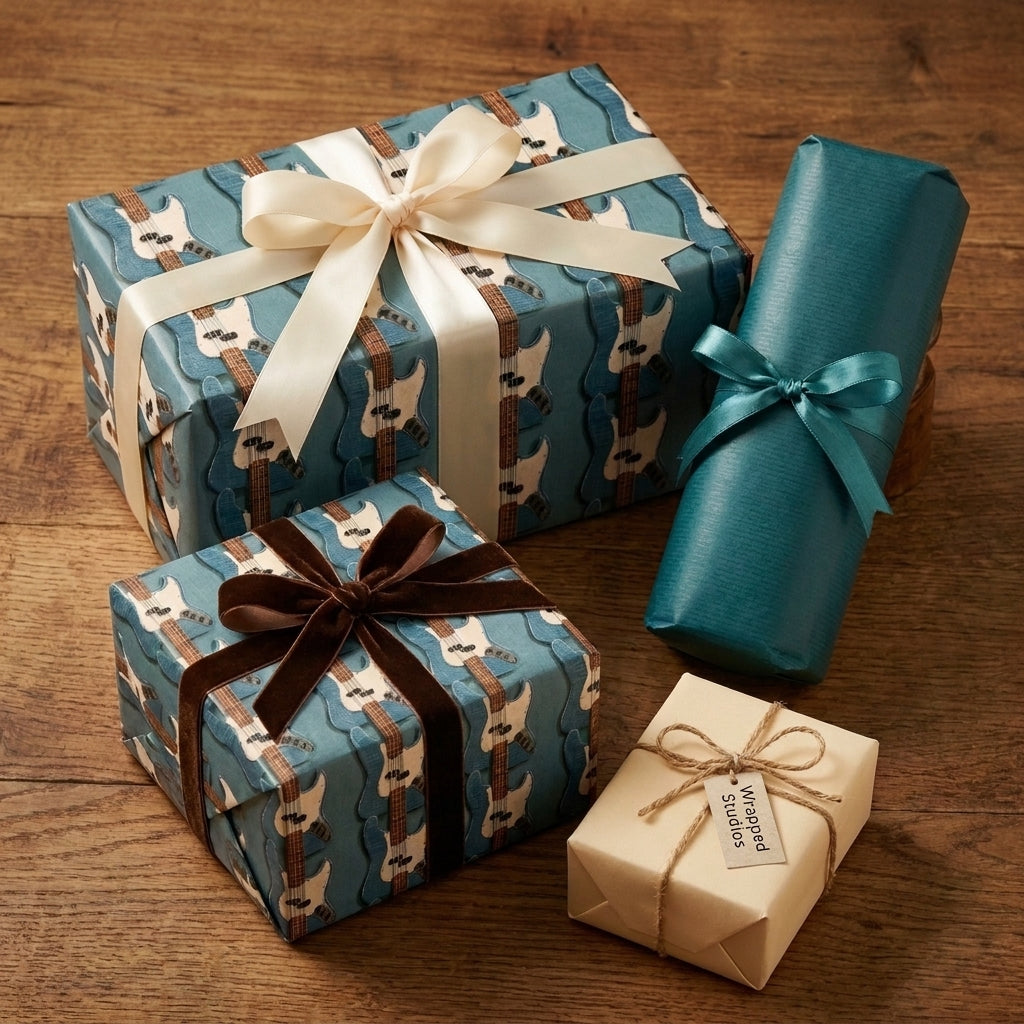 Blue electric guitar wrapping paper with ribbons on a wood table, music gift wrap by Wrapped Studios.