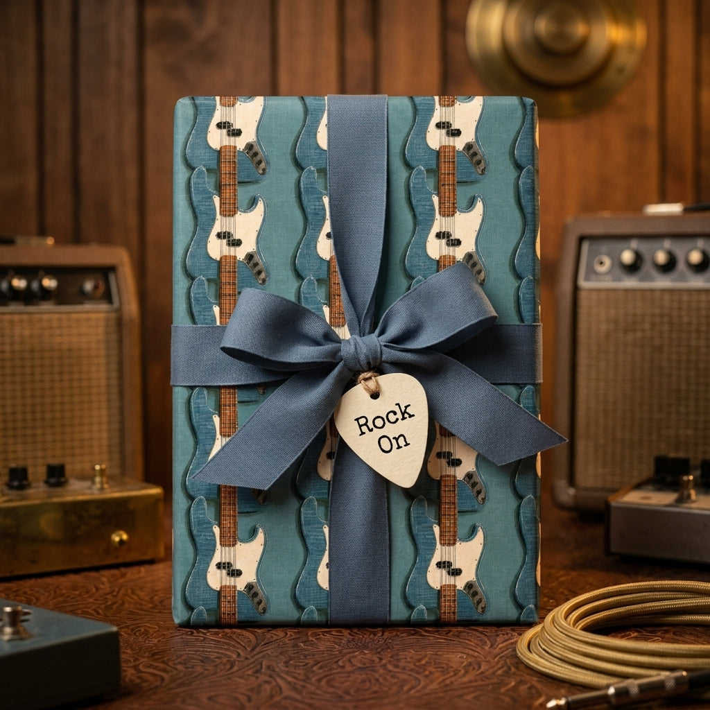 Retro guitar wrapping paper with a blue ribbon bow and "Rock On" guitar pick tag by Wrapped Studios.