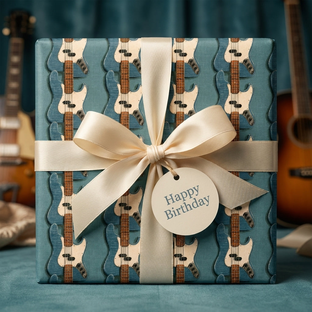 Guitar birthday wrapping paper with a cream satin bow and gift tag by Wrapped Studios.