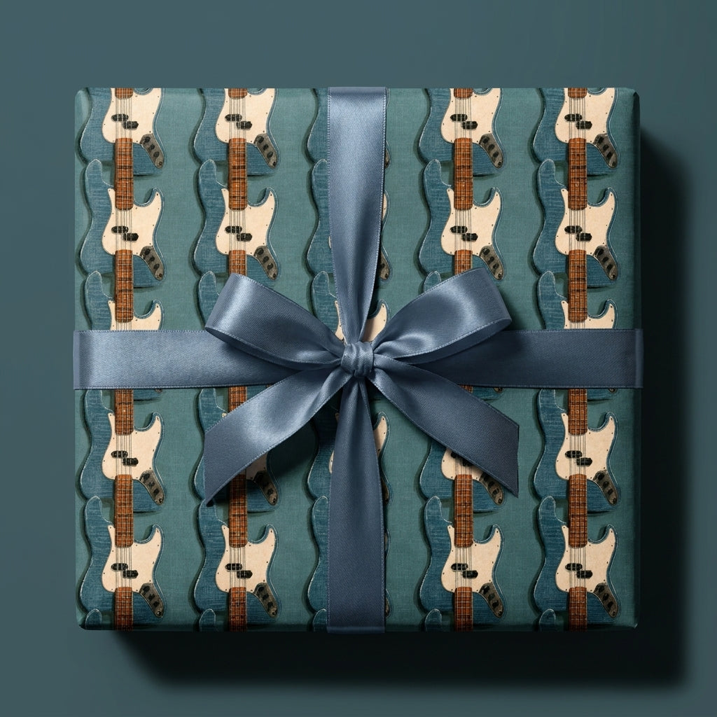Teal guitar wrapping paper with matching satin bow, cool music gift wrap by Wrapped Studios.