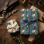 Teal electric guitar wrapping paper on vintage music-themed gift boxes by Wrapped Studios.