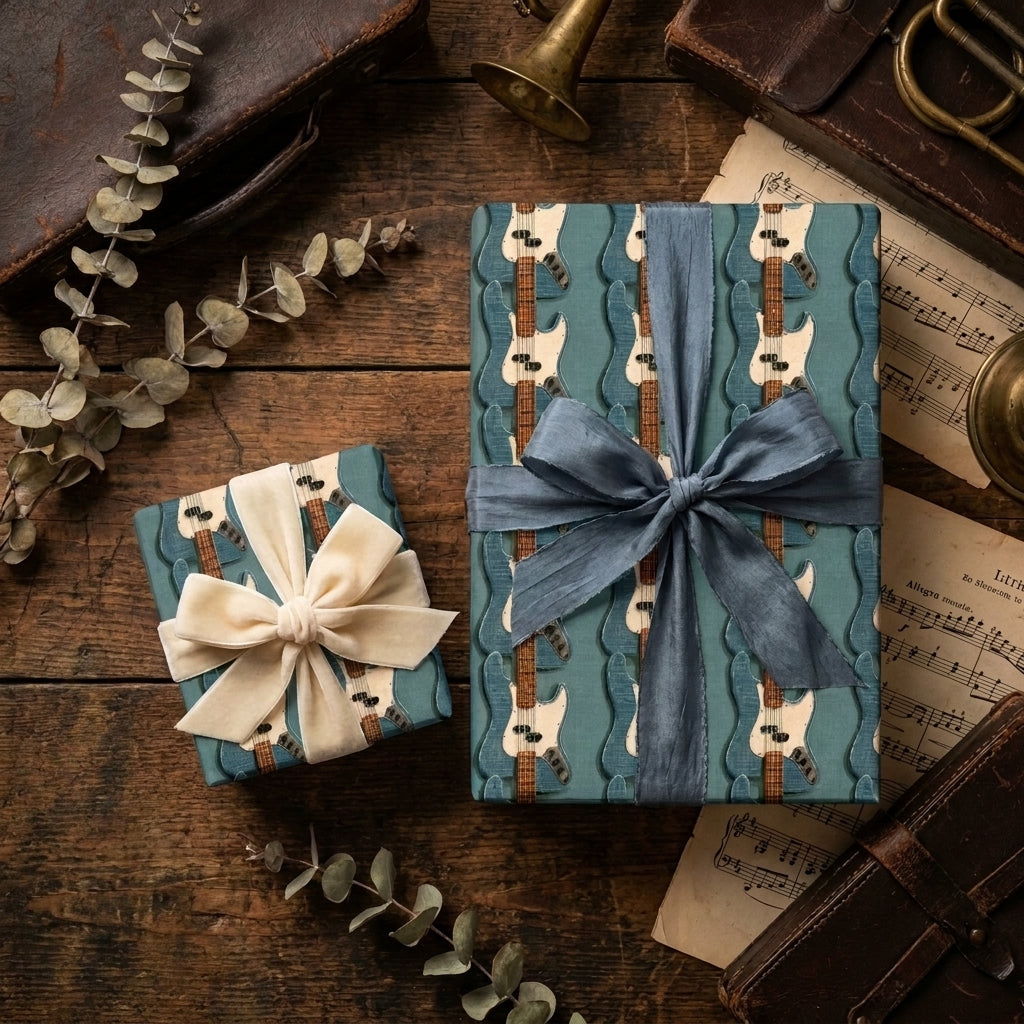 Teal electric guitar wrapping paper on vintage music-themed gift boxes by Wrapped Studios.