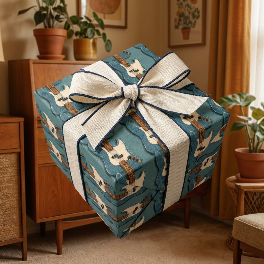 Teal guitar wrapping paper with a cream bow by Wrapped Studios, perfect music gift wrap for birthdays.