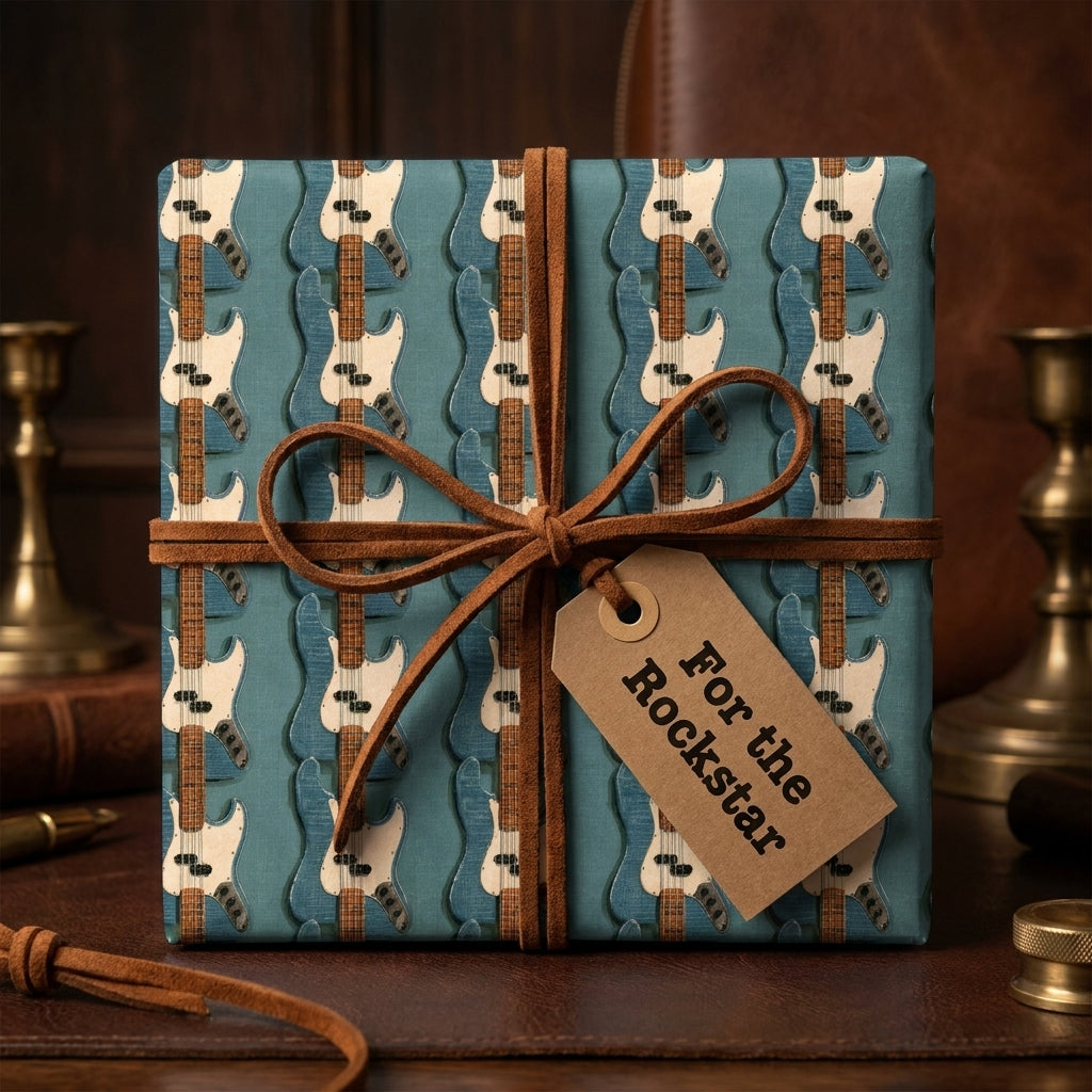 Guitar wrapping paper with blue electric guitars, brown suede bow, and rockstar tag by Wrapped Studios.