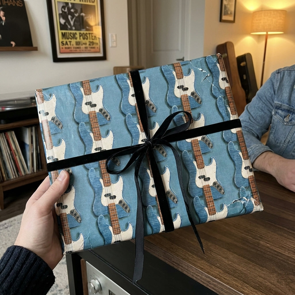 Blue electric guitar wrapping paper with a black velvet bow by Wrapped Studios.