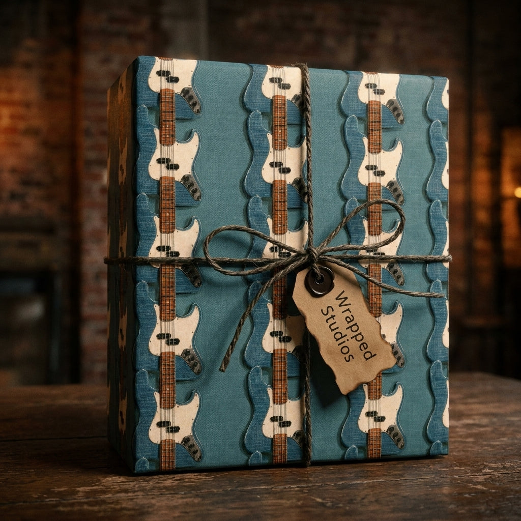 Teal electric guitar wrapping paper with a twine bow by Wrapped Studios, ideal for music lovers.