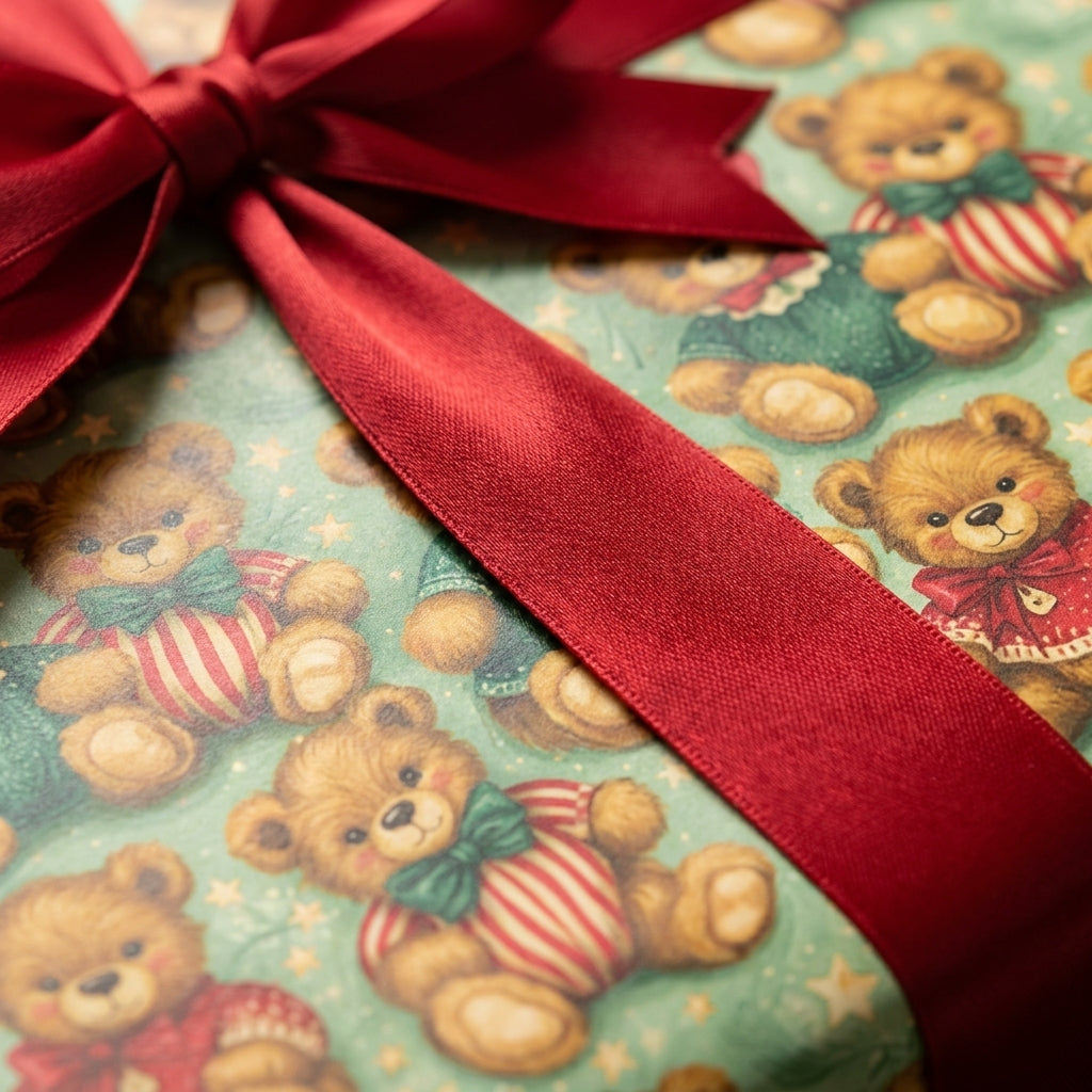 Vintage teddy bear Christmas wrapping paper with a red satin bow, by Wrapped Studios.