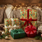 Cute teddy bear Christmas wrapping paper on holiday gift boxes by Wrapped Studios.