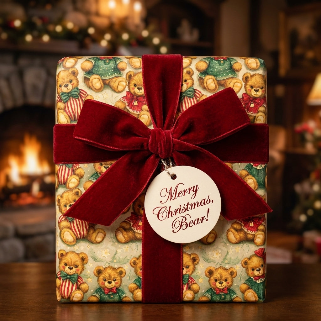 Luxury vintage teddy bear Christmas wrapping paper with red velvet bow by Wrapped Studios.