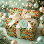 Teddy bear Christmas wrapping paper by Wrapped Studios on a gift box with a cream satin bow and holiday decor.