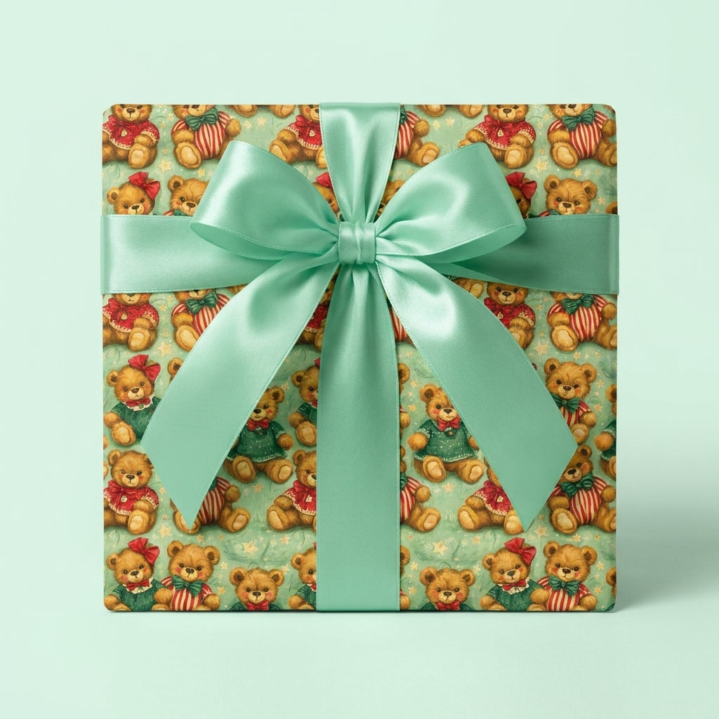 Vintage teddy bear Christmas wrapping paper with a mint green ribbon on a gift box by Wrapped Studios.