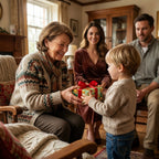 Boy gives grandma a gift wrapped in cute teddy bear Christmas wrapping paper. Wrapped Studios.