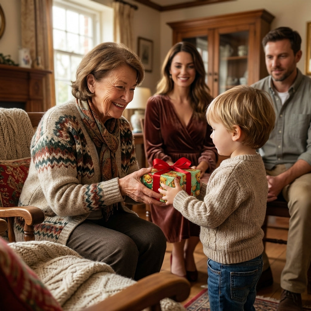 Boy gives grandma a gift wrapped in cute teddy bear Christmas wrapping paper. Wrapped Studios.