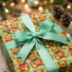 Vintage teddy bear Christmas wrapping paper with a mint green ribbon bow by Wrapped Studios.