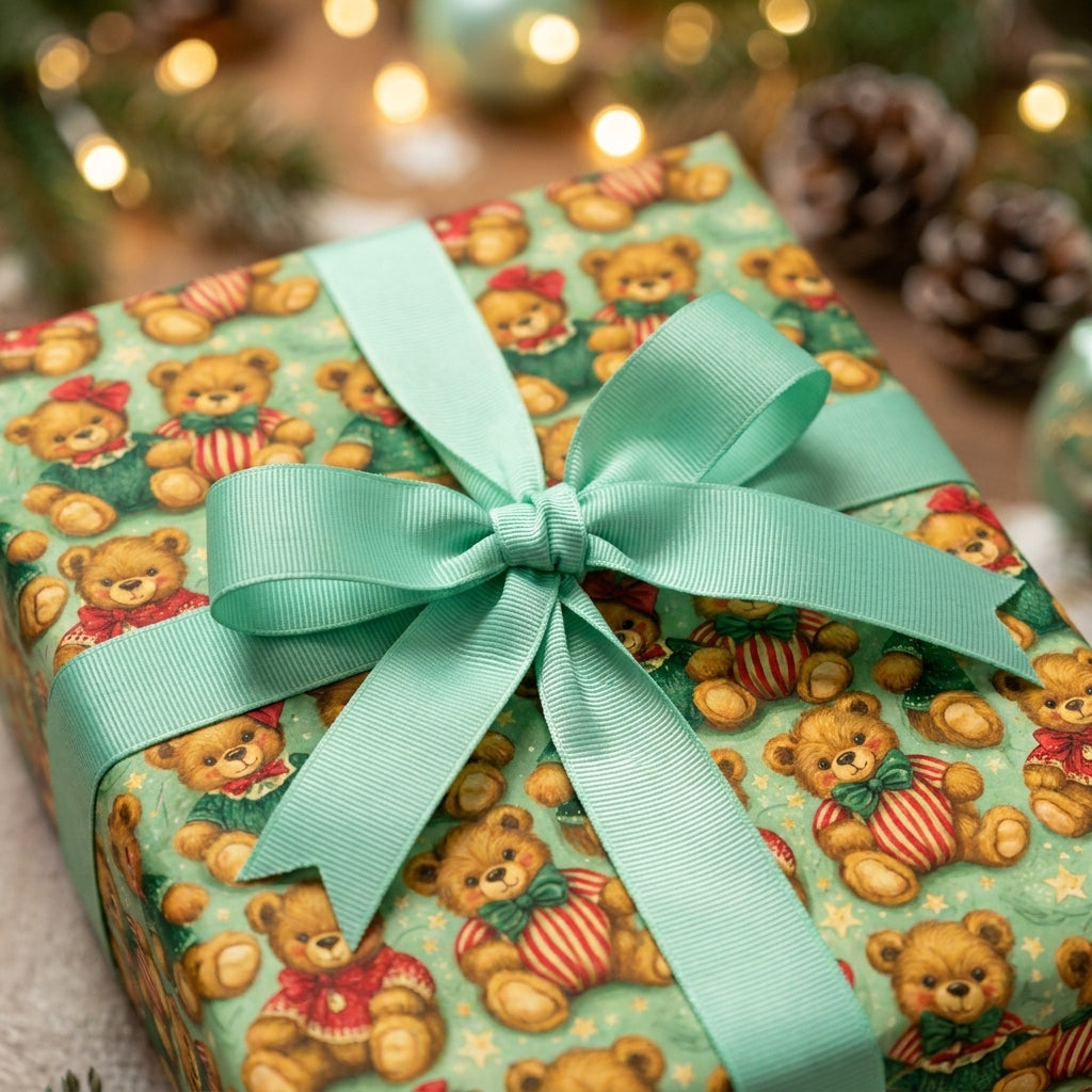 Vintage teddy bear Christmas wrapping paper with a mint green ribbon bow by Wrapped Studios.