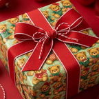 Vintage teddy bear Christmas wrapping paper with a red ribbon bow on a holiday gift box, by Wrapped Studios.