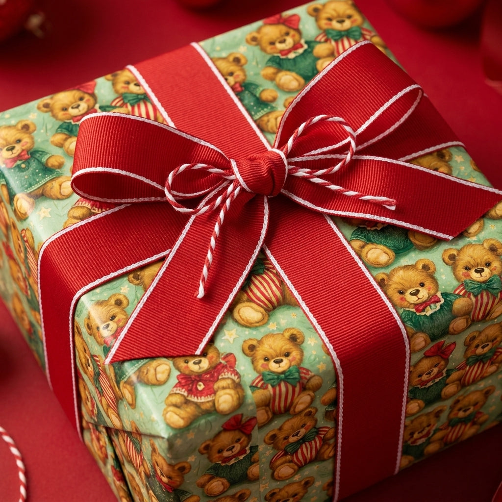 Vintage teddy bear Christmas wrapping paper with a red ribbon bow on a holiday gift box, by Wrapped Studios.