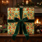 Vintage teddy bear Christmas wrapping paper with a green velvet bow by Wrapped Studios in a cozy fireplace setting.