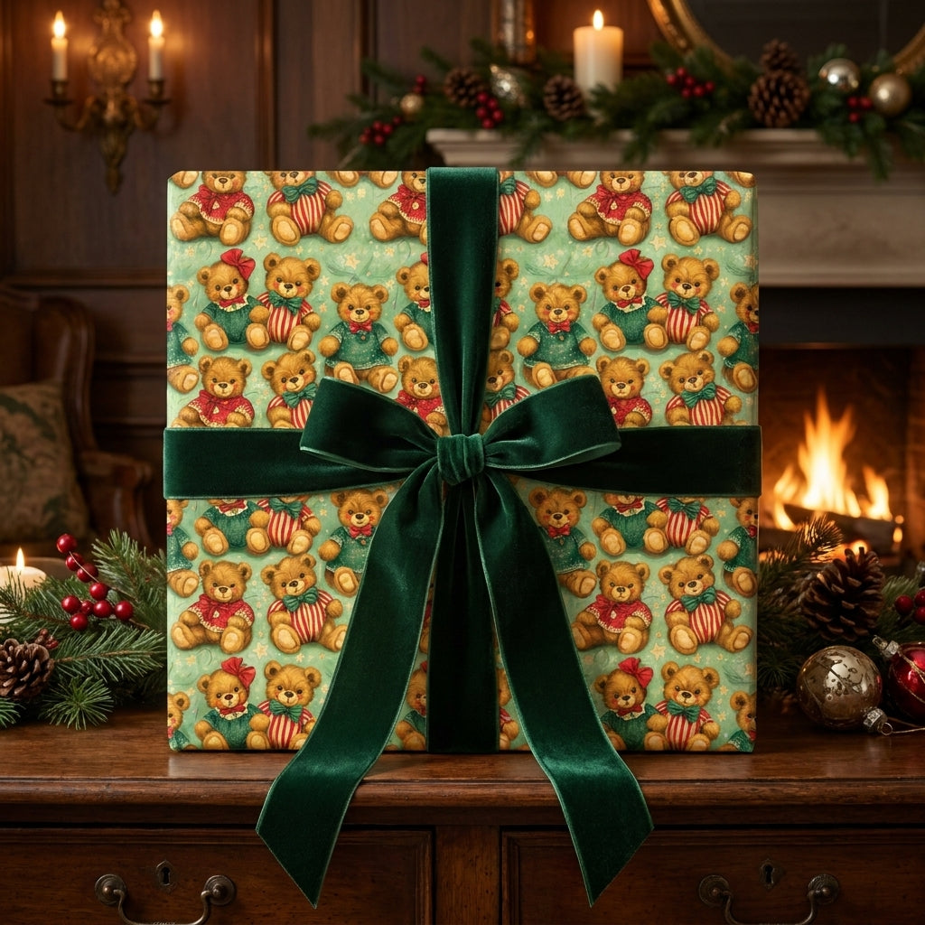 Vintage teddy bear Christmas wrapping paper with a green velvet bow by Wrapped Studios in a cozy fireplace setting.