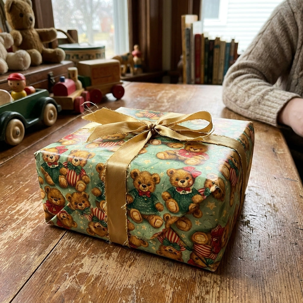 Vintage teddy bear holiday wrapping paper with a gold ribbon on a wooden table, by Wrapped Studios.