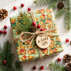 Cozy vintage teddy bear Christmas wrapping paper by Wrapped Studios, tied with rustic twine and a wooden tag.