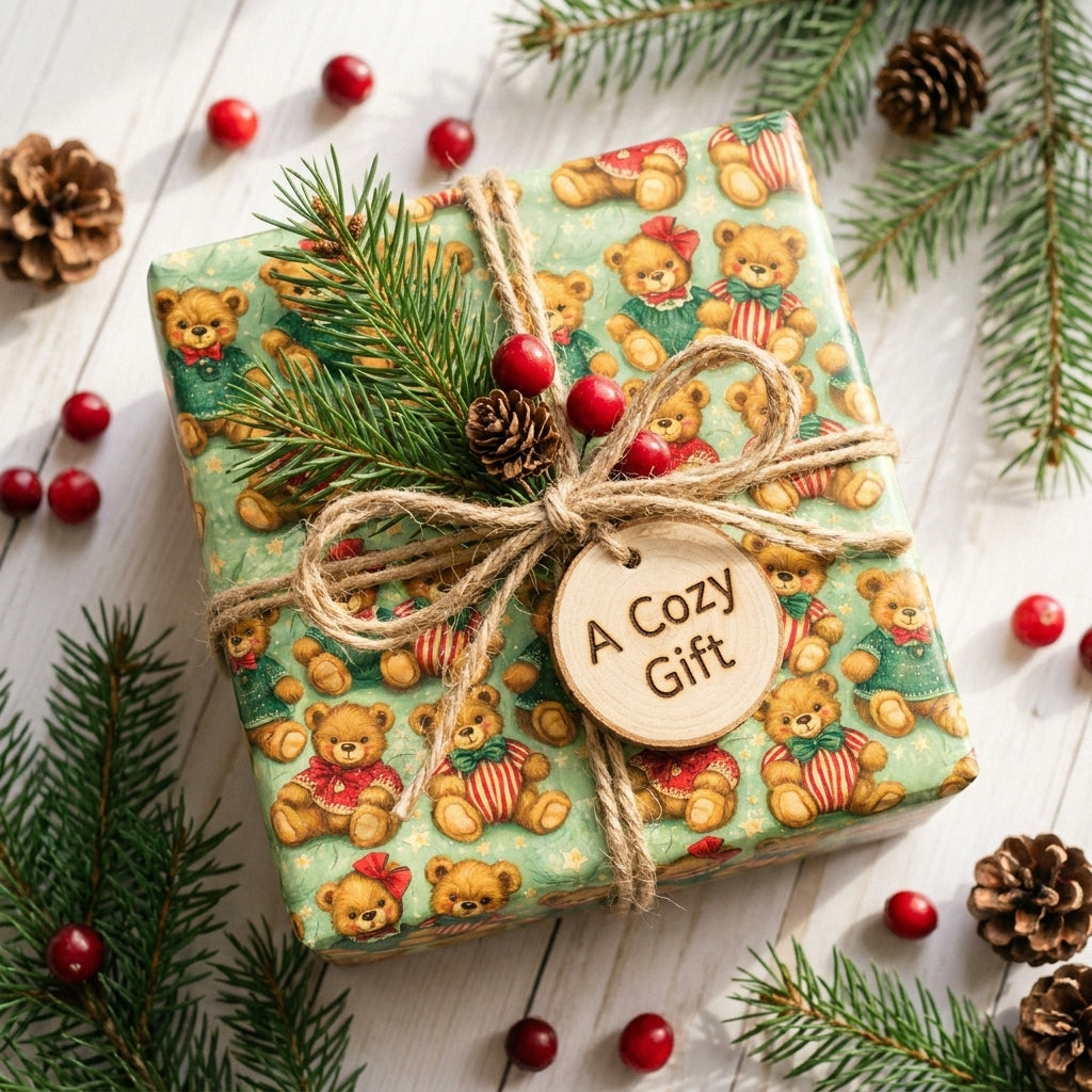 Cozy vintage teddy bear Christmas wrapping paper by Wrapped Studios, tied with rustic twine and a wooden tag.