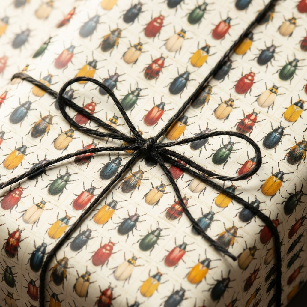 Colorful beetle print wrapping paper tied with black twine bow on a gift.