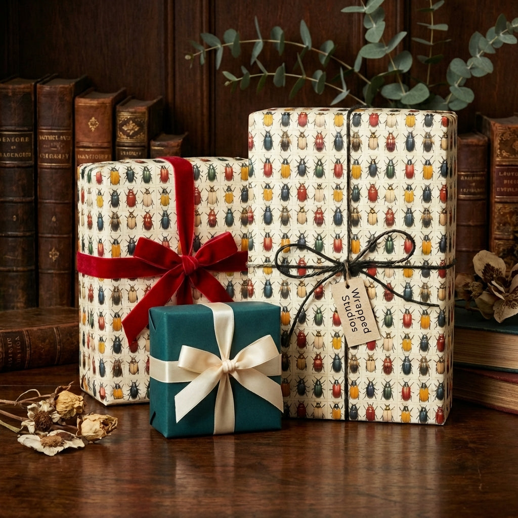 Elegant presents wrapped in beetle-patterned paper with velvet ribbon, luxury gift wrap.