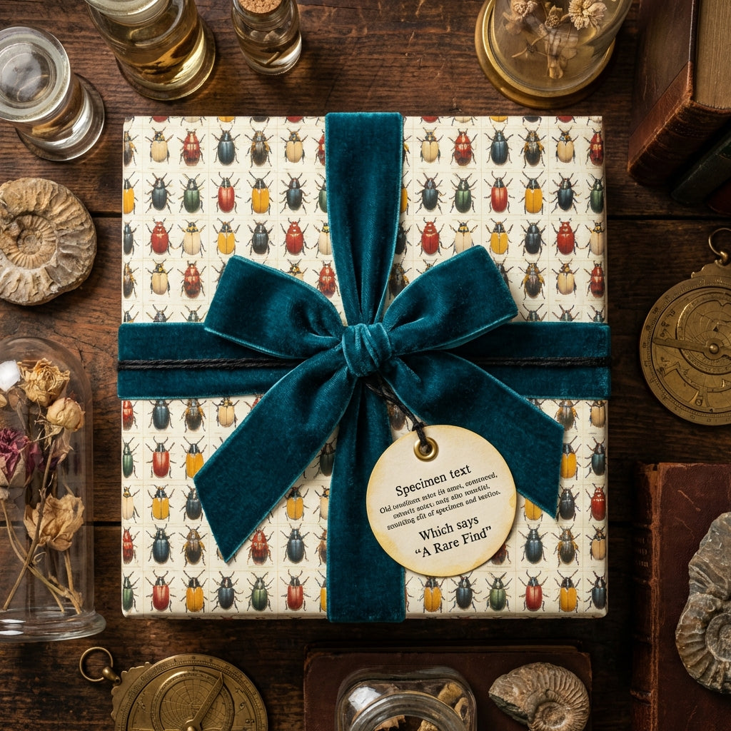 Square gift box in beetle-print wrapping paper with a teal velvet ribbon, adding an elegant, vintage touch.