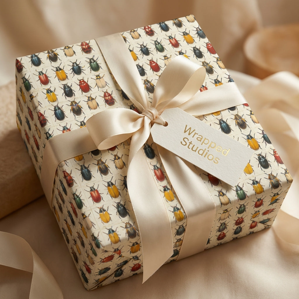 Square gift box wrapped in unique beetle print wrapping paper with a cream ribbon and tag.