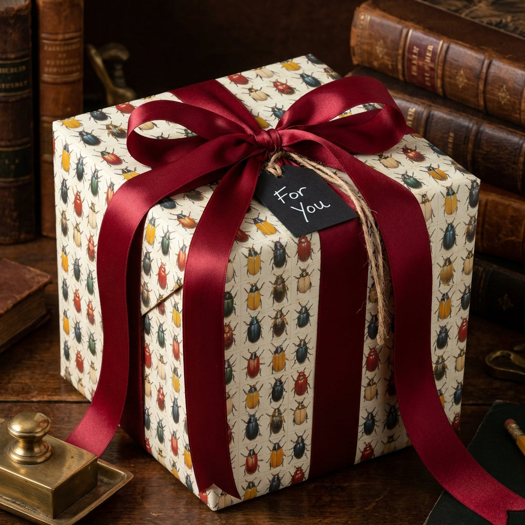 Gift box wrapped in beetle-patterned wrapping paper with a burgundy ribbon and "For You" tag.