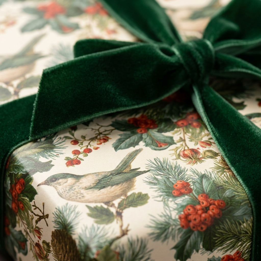 Vintage Christmas wrapping paper with winter birds and berries, tied with a green velvet bow by Wrapped Studios.