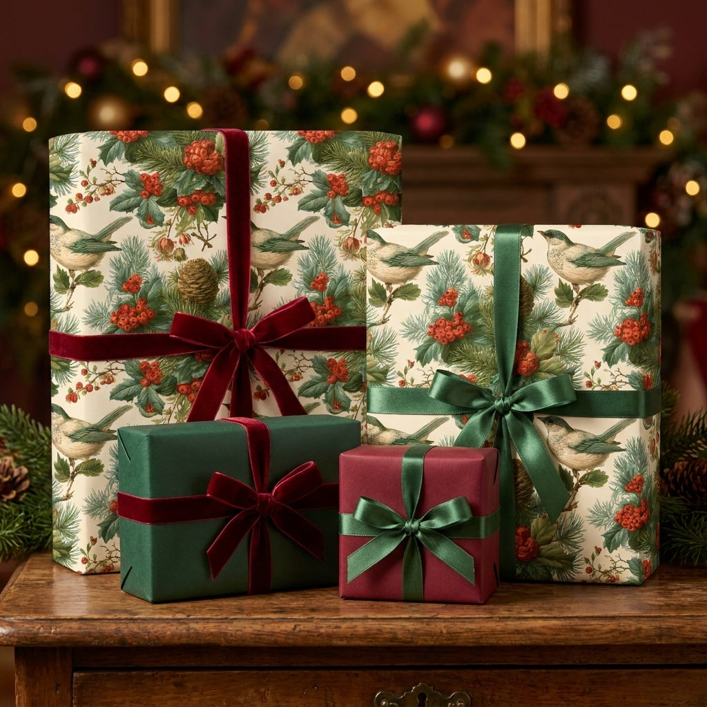 Vintage bird and berry Christmas wrapping paper on gifts with velvet ribbons, by Wrapped Studios.