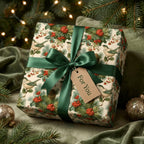 Vintage Christmas wrapping paper with birds and a green satin ribbon bow by Wrapped Studios.