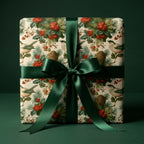 Vintage Christmas wrapping paper with botanical bird print and a green satin bow, by Wrapped Studios.