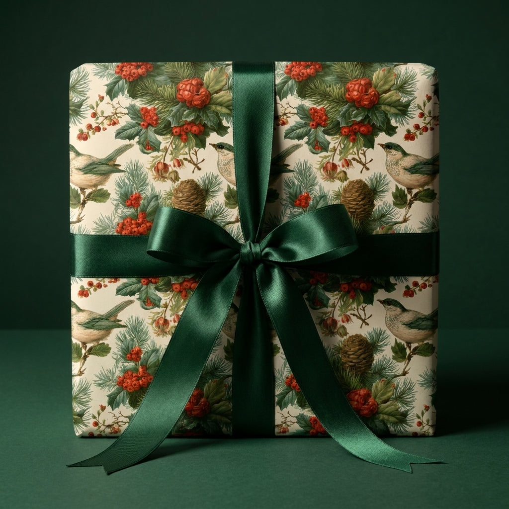 Vintage Christmas wrapping paper with botanical bird print and a green satin bow, by Wrapped Studios.