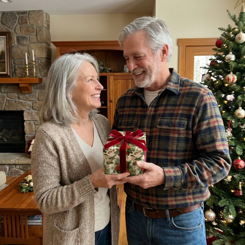 Couple holding a holiday gift in vintage bird Christmas wrapping paper with a red bow by Wrapped Studios.