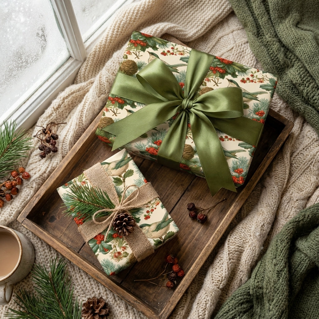 Luxury vintage Christmas wrapping paper with winter birds and a green satin ribbon by Wrapped Studios.