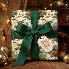 Vintage bird Christmas wrapping paper with a green ribbon bow by Wrapped Studios.