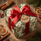 Vintage bird and holly Christmas wrapping paper with a red bow and Noel tag by Wrapped Studios.