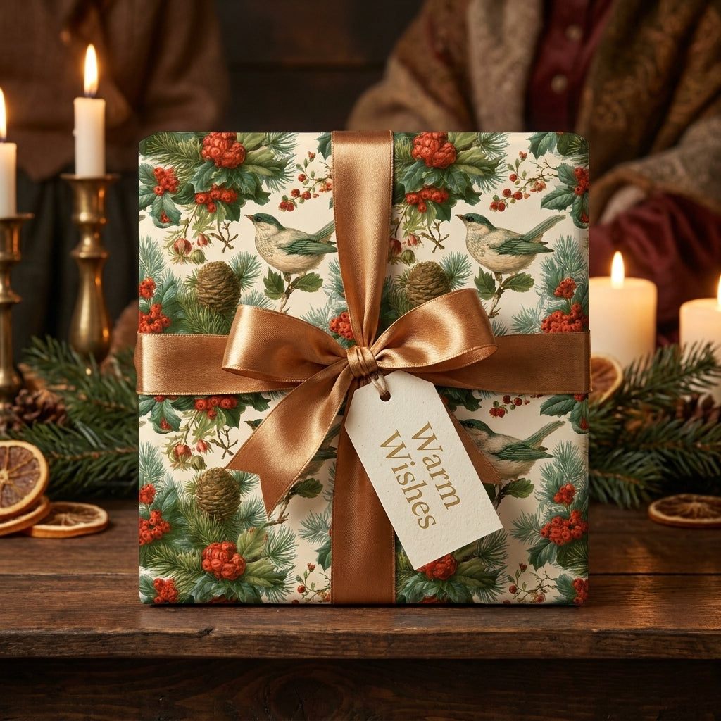 Vintage Christmas wrapping paper with birds and pinecones, tied with a satin bow by Wrapped Studios.