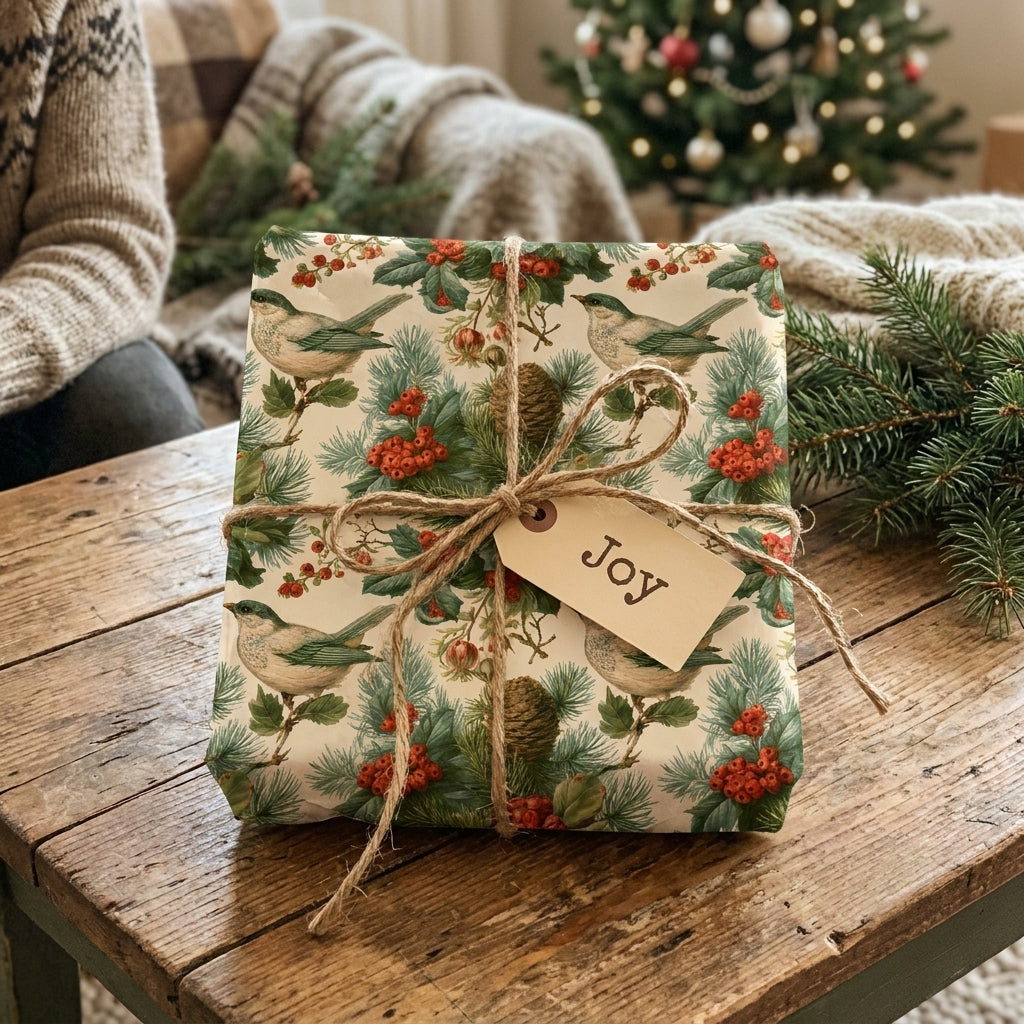 Rustic Christmas wrapping paper with a vintage bird pattern and twine bow, by Wrapped Studios.