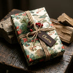 Vintage botanical Christmas wrapping paper with rustic twine bow by Wrapped Studios.